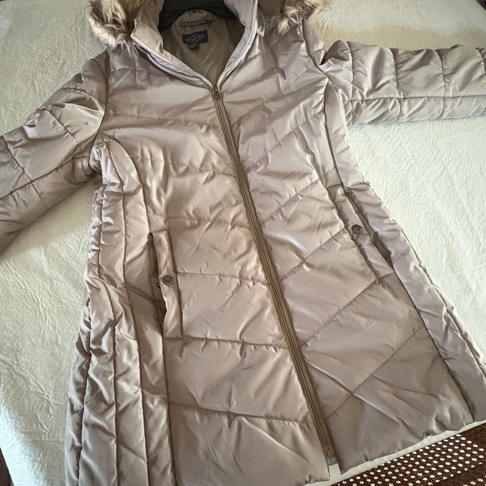 St. John's Bay Beige Hooded Puffer Coat with Faux-Fur Trim